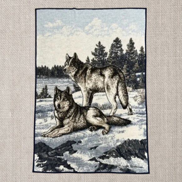 Vintage Biederlack Blue Grey Wolves High Pile Large Blanket James Hautman 76x51 - Picture 2 of 6